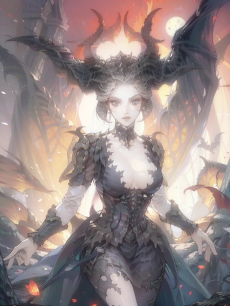 a fantasy image, a cave full of bones and a throne of skulls, it should show a thin moonlight, in the center of the image there should be a woman with bat wings and horns, the bottom should be rocky with an opening at the top of the cave.