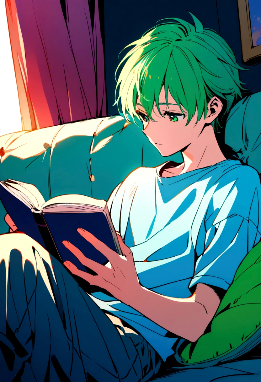 boy, 16 years, green hair, sitting on the couch, reading, in room