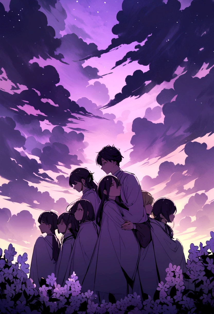 Several friends hugging watching the purple sky and are surrounded by lilac clouds