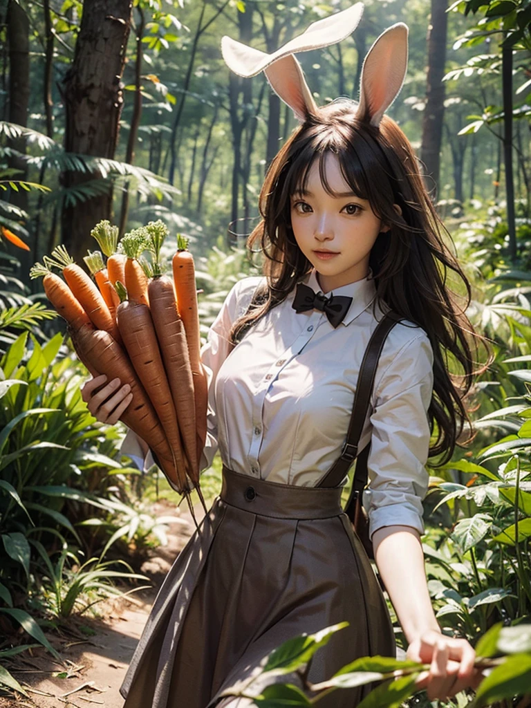 Rabbit from the front in the forest eating a carrot