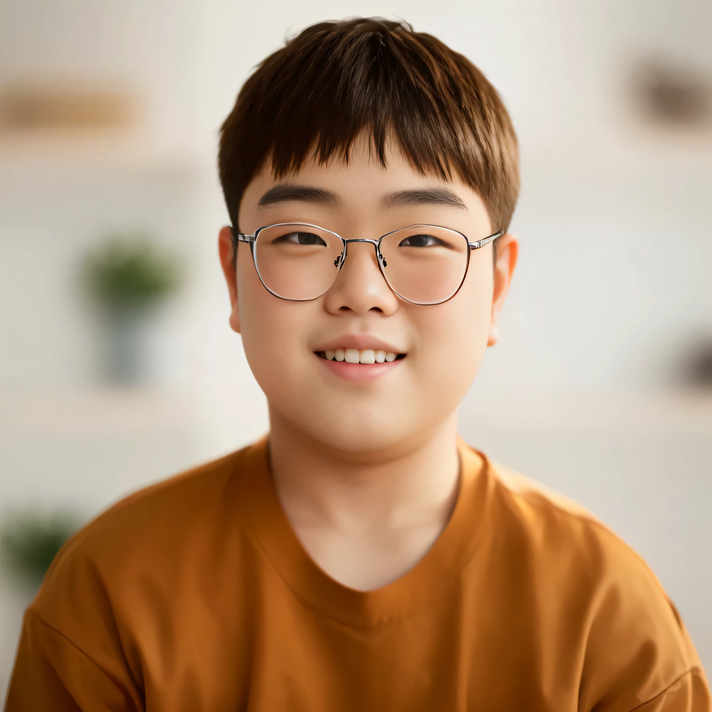 ((Realistic image of a tall and fat Korean boy!!! He is very nice!! 12 year old, sobrepeso!! adolescent!!! fatter!!!))) in orange jacket posing for a photo, young pale and beautiful asian face, young lovely korean face, boy with neutral face, boy skinny face, kpop idol portrait, portrait of a boy