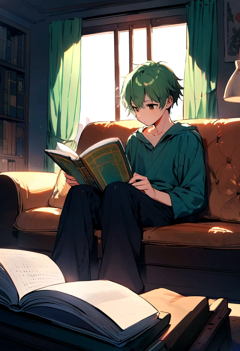 boy, 16 years, green hair, sitting on the couch, reading, in room