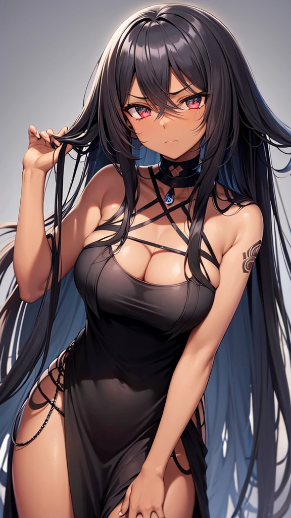 black girl, dark skinned girl, skin black. long hair, black and with fringe. Big black eyes. angry and cute expression, wearing a sensual dress. By your side a serious man, tattooed and pierced, Bblack hair