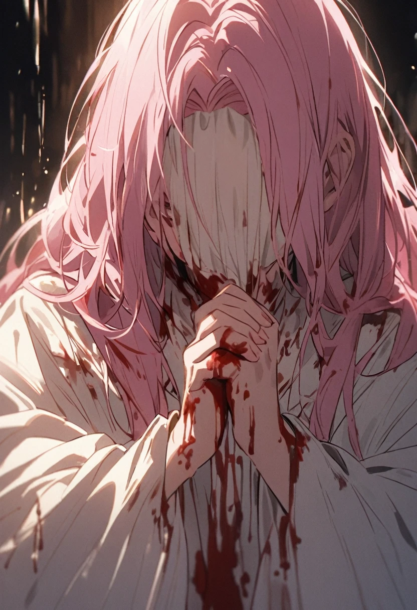 A scene from a movie、Put the whole person in the frame、Face covered in blood、A pink-haired woman prays nearby.,、Light of Atonement、Afterglow of Repentance、Possibility of becoming a saint、