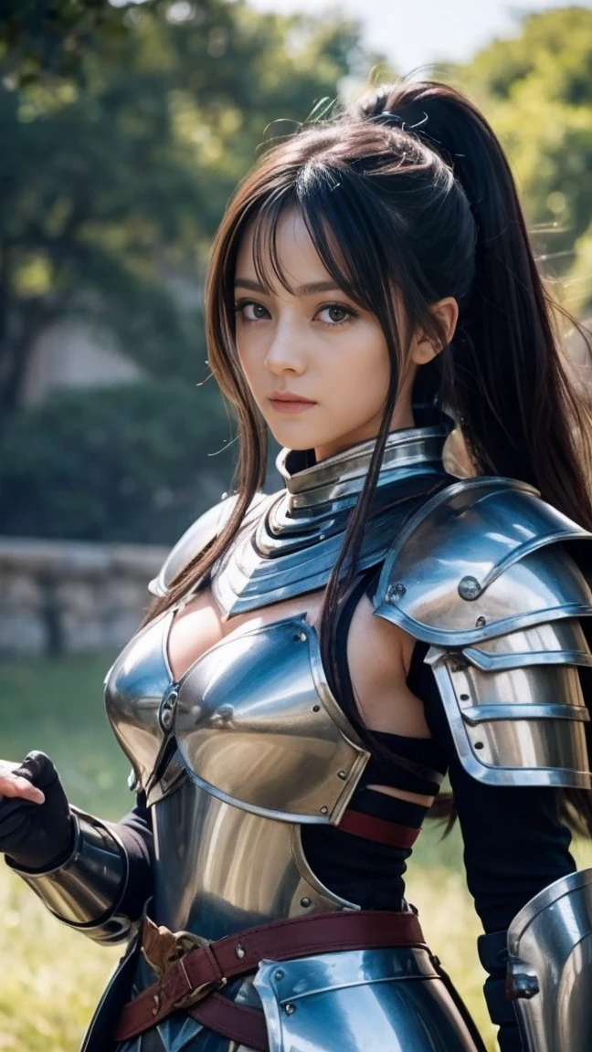 Highest quality、masterpiece、8K、Realistic、超High resolution、Very delicate and beautiful、High resolution、Cinema Lighting、medium range shooting、Portraiture、Perfect female body、Beautiful woman、Mature Woman、Opposition、With my hands on my head、Looking at the audience、grassland、異世界から来たファンタジー女knight、(Armor with emphasis on the chest、Big Breasts)、sword、shield、knightの紋章、Long Hair、Helmet、Armor Plate、Leather Armor、Combat Boots、Waist-mounted weapons、Beautiful and strong face、Eyes full of determination、knight道、horse、Roar、knight'pledge、Potential magical powers、Scars from past battles