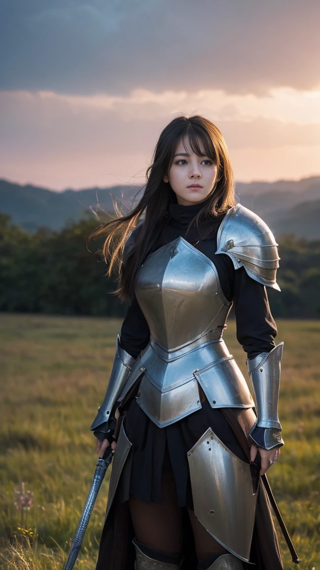 Highest quality、masterpiece、8K、Realistic、超High resolution、Very delicate and beautiful、High resolution、Cinema Lighting、medium range shooting、Portraiture、Perfect female body、Beautiful woman、Mature Woman、Opposition、With my hands on my head、Looking at the audience、grassland、異世界から来たファンタジー女knight、(Armor with emphasis on the chest、Big Breasts)、sword、shield、knightの紋章、Long Hair、Helmet、Armor Plate、Leather Armor、Combat Boots、Waist-mounted weapons、Beautiful and strong face、Eyes full of determination、knight道、horse、Roar、knight&#39;pledge、Potential magical powers、Scars from past battles