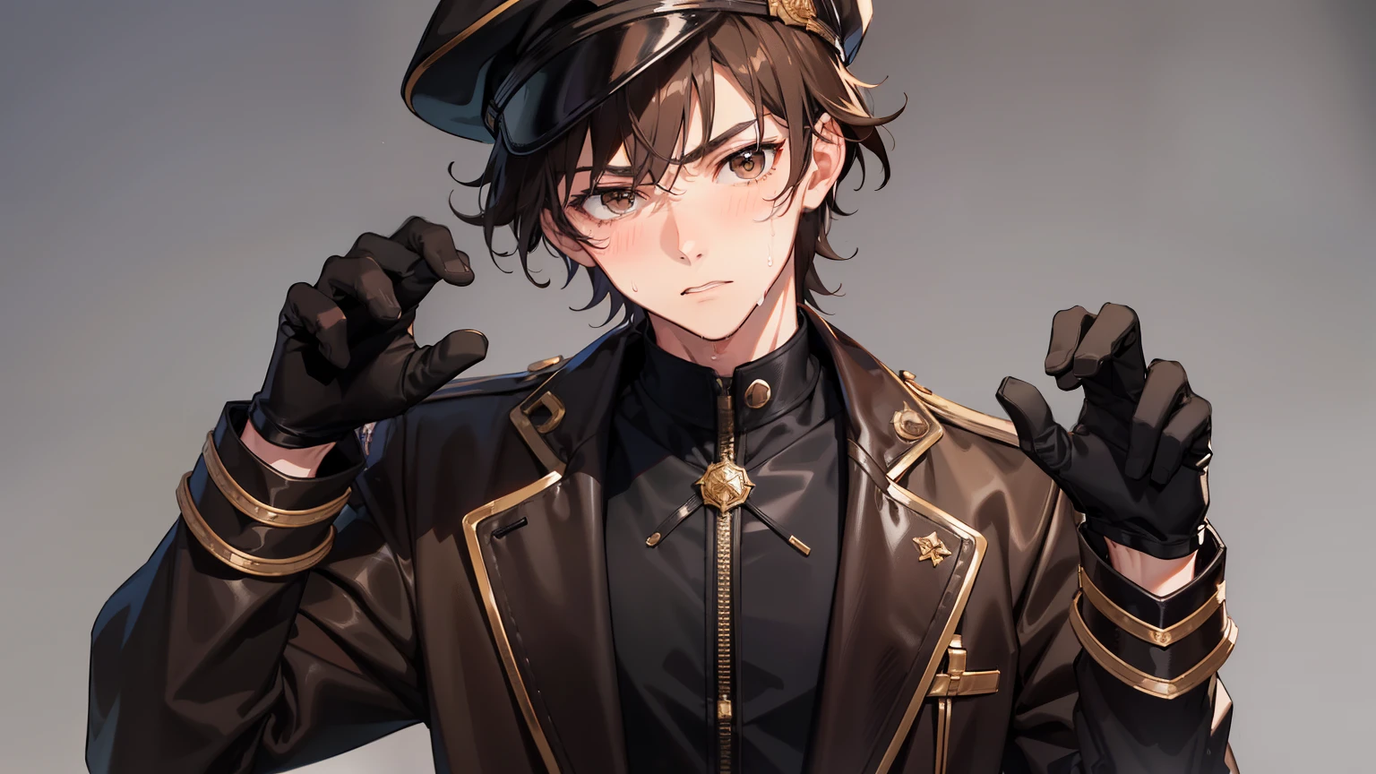 Medium full shot Portrait, 18-year-old boy, dark brown hair, bro flow style, brown eyes, brown jacket, gray sleeves, black pants, black gloves, beige cap, gradient background, ashamed, blushing, digital art, anime, solo, paw pose, sweat