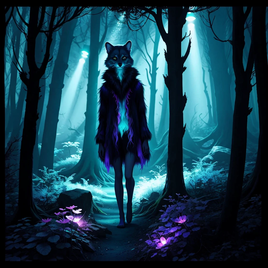 Bioluminescent alien family with shimmering, iridescent fur, prancing in an otherworldly forest, illuminated by the creatures' magical light, wearing disco-core fashion, Ektachrome photography style, with a juxtaposition of post-apocalyptic futuristic elements and hyper-realistic detail, captured on 70mm film, surrounded by a vibrant, enchanted woodland with glowing flora and fauna