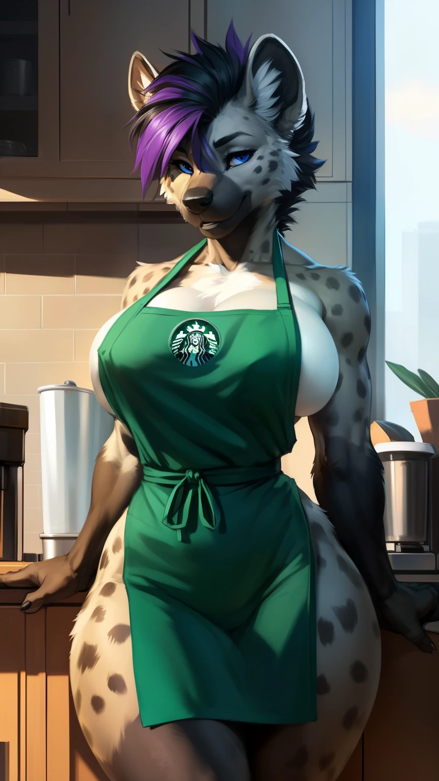 (anthro)) hyena, Ross Tran, by ruan jia, by zaush, by foxovh, by cutesexyrobutts, by cervina_7, by sligarthetiger, Best Quality, masterpiece,, Illustration, Wallpaper,1girl in, Solo, black hair, mohawk on one side haircut, the end tips of hair are purple, Beautiful detailed girl, extremely detailed eye and face, Beautiful detailed eyes, natural_Lighting, Glow,NSFW, Looking at Viewer, Thick_thighs, big ass, tall, hourglass figure, female, cute, Starbuck, casher, barista, Starbucks apron, large breasts, natural breasts, tail, tall, happy expresion, wide hips thin waist, 8k