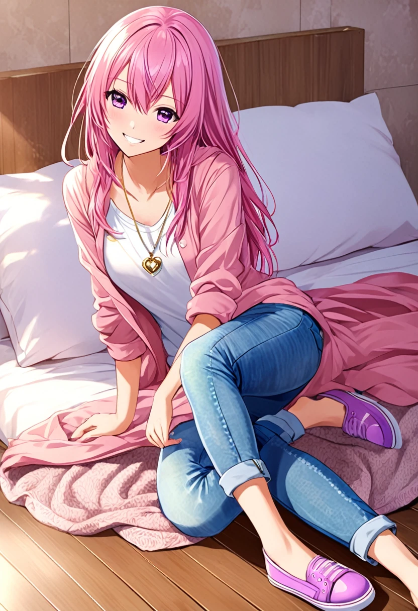 Megurine Luka casual clothes, colorful jeans, morning smile