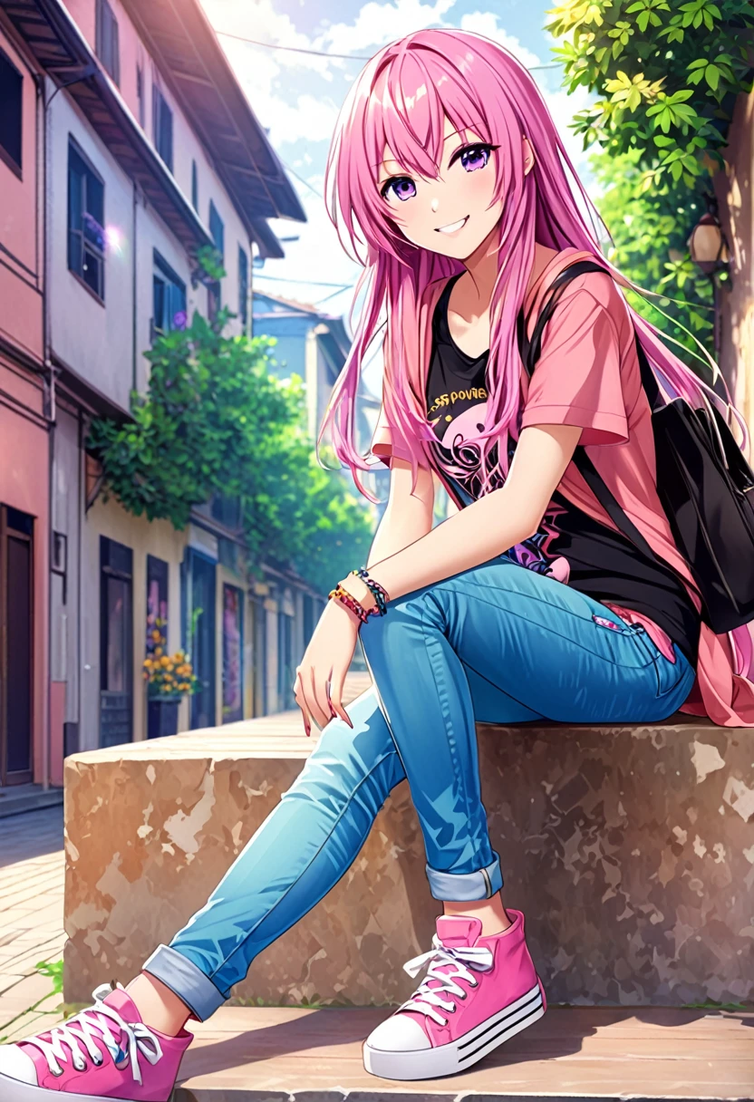 Megurine Luka casual clothes, colorful jeans, morning smile