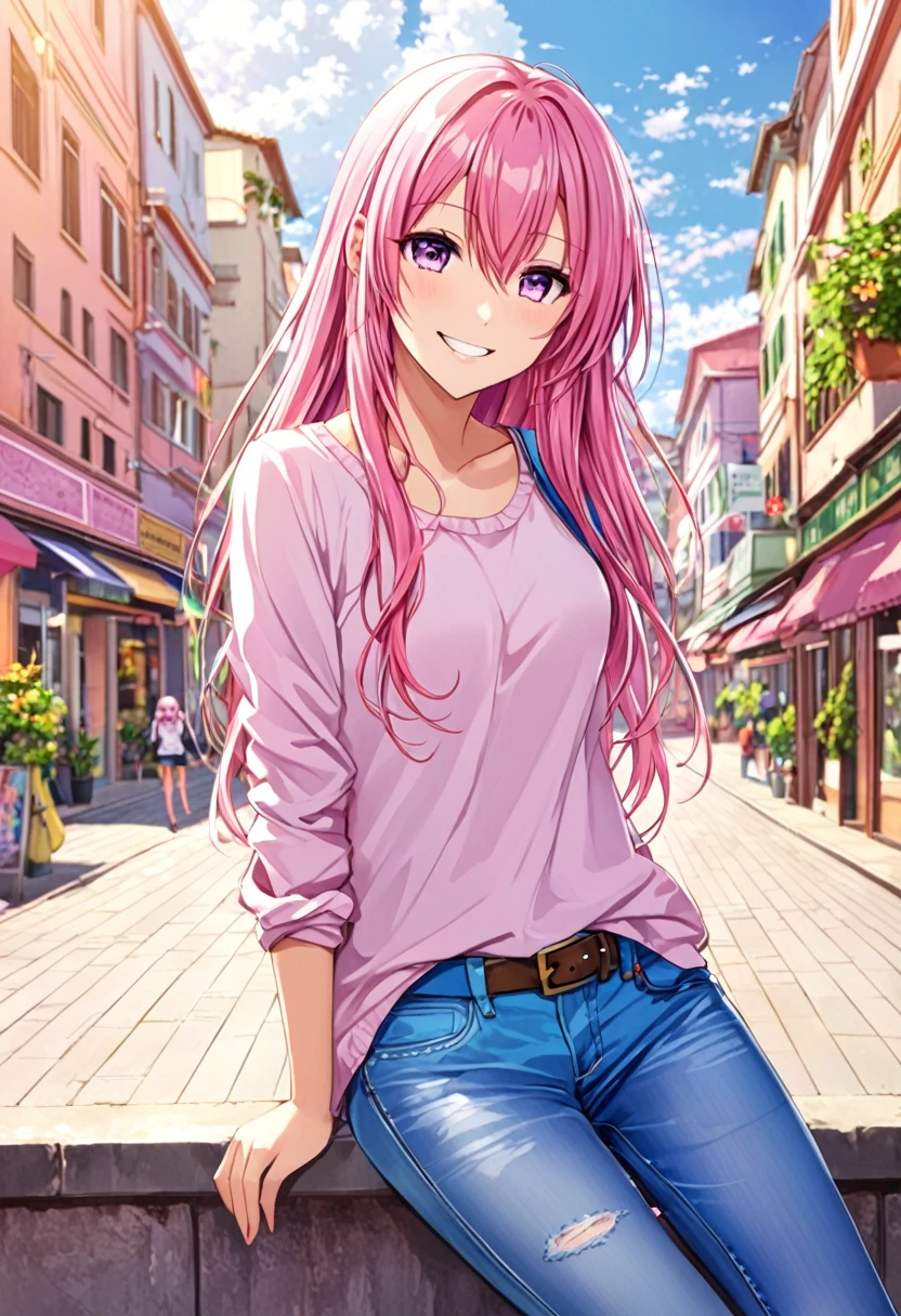 Megurine Luka casual clothes, colorful jeans, morning smile