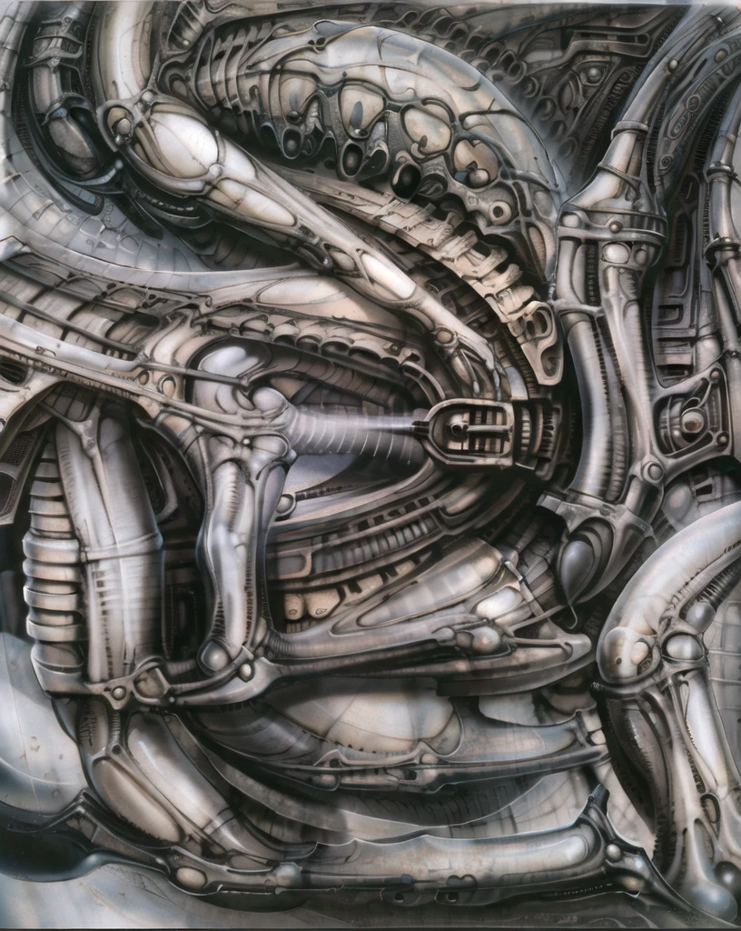 g1g3r, The image is a detailed view of H.R. Giger's \" Biomechanical Landscape No 312 \" plate, featuring a complex network of bones and organs in a purple-brown hue ,swirling gray and brown colors. The artwork is silver and purplish brown, with an ivory bones prominently displayed. The image is highly detailed and intricate, almost like a 3d version of a medical diagram (detailed view of an anatomy model, possibly of a human body, with transparent organs and bones exposed). The piece has a thick mechano-organic texture and is covered in fine details. The image has a swirling, organic quality to it. The artistic manner would be unmistakably Gigeresque. A dark and unsettling beauty would permeate the piece, blurring the lines between fascination and repulsion , forever haunted by the grotesque allure. Giger's signature artistic manner would be evident in every stroke. The airbrush would be wielded with masterful precision to create a hyperrealistic yet nightmarish aesthetic.
The texture of ivory with signs of burning and fossilization can be seen in the mix of smooth and rough brushstrokes. By Peter mohrbacher, ooze soaked pajama top