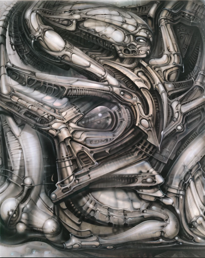 g1g3r, The image is a detailed view of H.R. Giger's \" Biomechanical Landscape No 312 \" plate, featuring a complex network of bones and organs in a purple-brown hue ,swirling gray and brown colors. The artwork is silver and purplish brown, with an ivory bones prominently displayed. The image is highly detailed and intricate, almost like a 3d version of a medical diagram (detailed view of an anatomy model, possibly of a human body, with transparent organs and bones exposed). The piece has a thick mechano-organic texture and is covered in fine details. The image has a swirling, organic quality to it. The artistic manner would be unmistakably Gigeresque. A dark and unsettling beauty would permeate the piece, blurring the lines between fascination and repulsion , forever haunted by the grotesque allure. Giger's signature artistic manner would be evident in every stroke. The airbrush would be wielded with masterful precision to create a hyperrealistic yet nightmarish aesthetic.
 The texture of ivory with signs of burning and fossilization can be seen in the mix of smooth and rough brushstrokes. By Peter mohrbacher, ooze soaked pajama top
