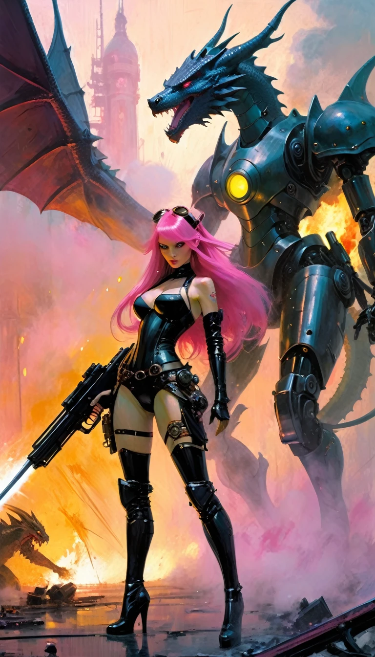 Sexy warrior girl with black steampunk armor, long pink hair, with a big futuristic shotgun, in a battle next to a robotic dragon, fierce battle, dense fog, fire, (simple oil painting in a style to Bill Sienkiewicz)
