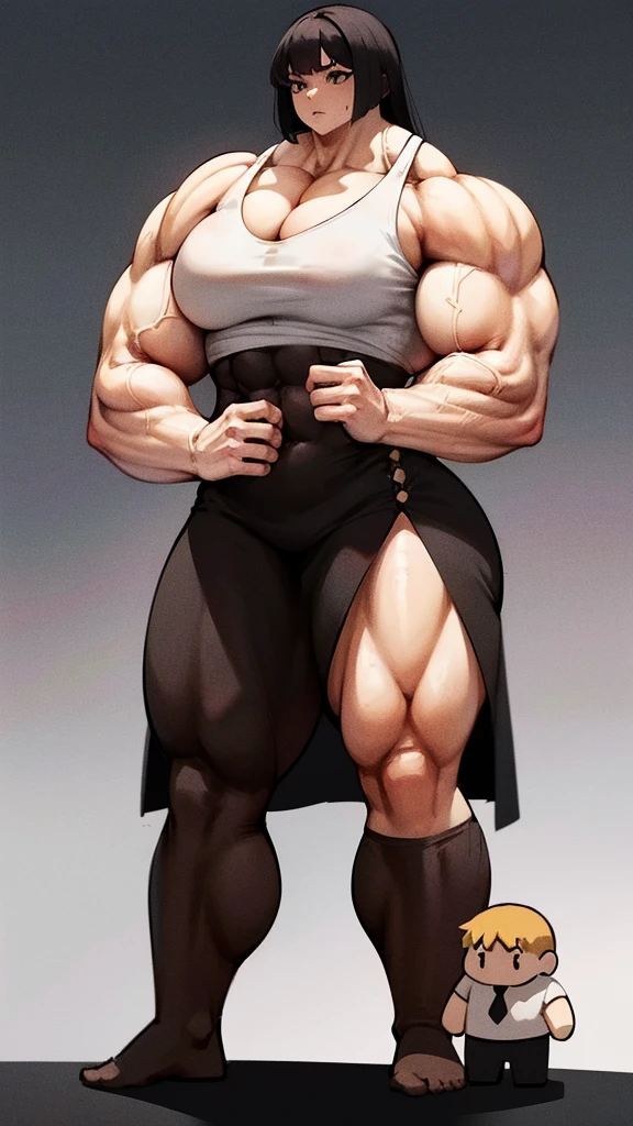 Woman in black bikini and small man in white shirt, weak and small man, thin and small physique, Very beauthful. , ,weak and defenseless man, small physique, , muscular ultraviolent woman, muscular and scary, absurdly huge physique, big muscles, extremely muscular woman,