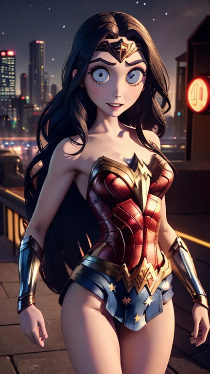 best quality,masterpiece,1girl,solo,(((13years old))),japanese girl,an extremely cute and beautiful girl,highly detailed beautiful face and eyes,petit,cute face,lovely face,baby face,shy smile,show teeth, Black hair,long hair,flat chest,skinny,slender,no bra,no Panties, Hairless vagina,(((wearing a sexy revealing Wonder Woman costume))),(((standing in Dark Midnight TimBurton animation style metropolis city))),she is looking at the viewer,