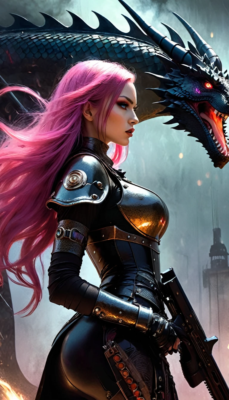 Sexy warrior girl with black steampunk armor, long pink hair, with a big futuristic shotgun, in a battle next to a robotic dragon, fierce battle, dense fog, fire chiaroscuro, sensual, dramatic lighting, moody atmosphere, photorealistic, intricate details, masterpiece, ultra-detailed, high quality, 8k, best quality, realistic, cinematic, dark and brooding, expressionistic, powerful composition, emotional impact, Bill Sienkiewicz inspired art