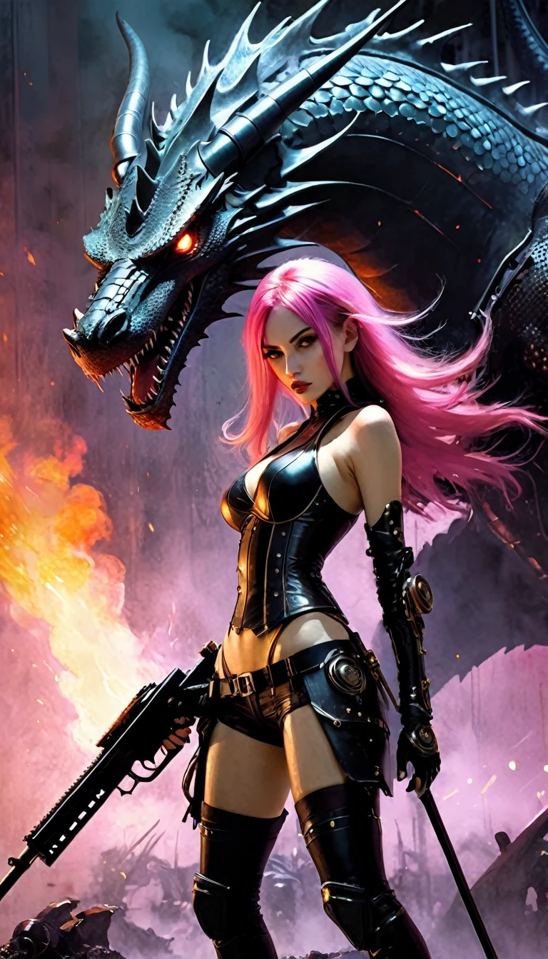 Sexy warrior girl with black steampunk armor, long pink hair, with a big futuristic shotgun, in a battle next to a robotic dragon, fierce battle, dense fog, fire chiaroscuro, sensual, dramatic lighting, moody atmosphere, photorealistic, intricate details, masterpiece, ultra-detailed, high quality, 8k, best quality, realistic, cinematic, dark and brooding, expressionistic, powerful composition, emotional impact, Bill Sienkiewicz inspired art
