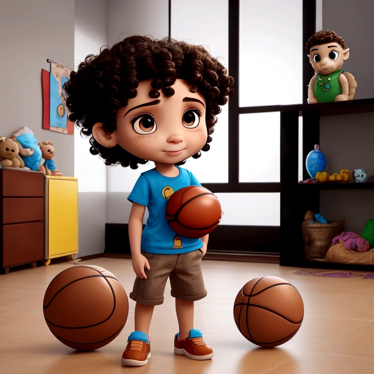 Treatment, Short curly hair, Light brown bun hair, cute pic, lots of toys in the background, solo boy with basketball