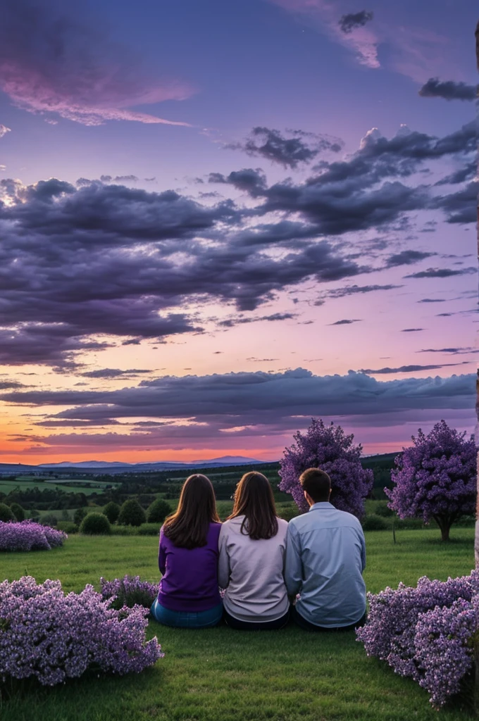 Friends watching the purple sky together surrounded by lilac clouds