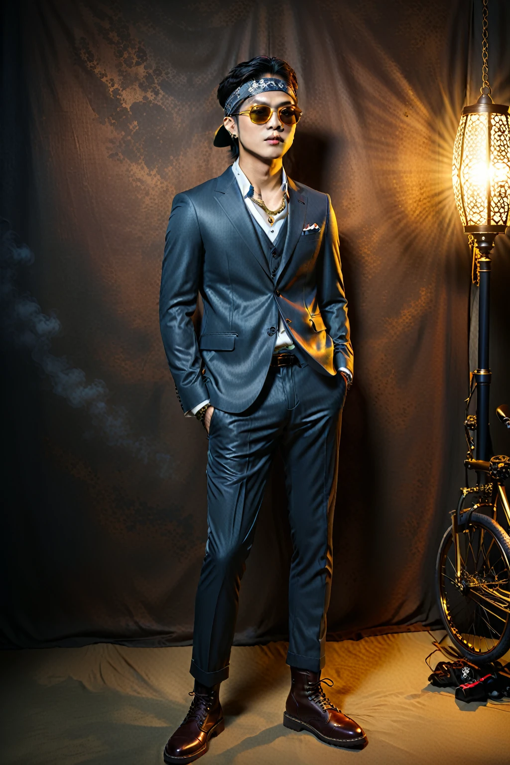 sunglasses、Dress smartly in a suit. You can edit it later.、頭上に空白をあける
金色のスーツ上下にsunglasses
擬人化したシマウマ。金色スーツのセットアップにsunglasses
金色のスーツにsunglassesのファッションでド派手な装飾した独特のポーズをする
The background is darkに怪しげな金色の煙、A mysterious golden light shines through it. The character is also illuminated and clearly visible. Create an image with this composition according to the following rules.。
High resolution textures、Texture、Realなディテール、
The background is dark、Mysterious and、There is a good atmosphere、Dramatic lighting and high contrast images、Extremely high resolution to create photo-realistic card game patterns。
The design will be surrounded by a border、80 from the center of the space so that the character is not hidden%Please。
Use indirect lighting and textured backgroundake the central character stand out。
Full body portrait、Dynamic pose。
にかくテクスチャがRealで細かいファッションの服。
Fashionable sneakers、boots、Sandals、hat、Smoke Accessories Necklace、Earrings、ring、bandana car、bike、Tattoos etc.、Choose according to your outfit and mood。
Real、8K
(masterpiece、Highest quality、high detail、超Real:1.2)、
Anthropomorphic animals、Full body portrait
(Photorealistic:1.4), Cinematic lighting, 8K UHD、
Professional Photography、
(詳細な毛皮のTexture:1.3), Expressive eyes、
Designer clothing、Luxury Brands、
(Perfect tailoring:1.2), High Fashion Accessor
Moody atmosphere、Dramatic Shadows、
High contrast lighting、Depth of written boundary、
Film Grain、Color Grading、
(Color Palette:1.3)、(Calm earth colors:1.2)、
(Rich Brown:1.1)、(Deep Gray:1.1)、(subtle gold accents:1.0)、
(warm color:1.1)、(Color harmony:1.2)、
(Soft diffused lighting:1.2)、(Rim lighting:1.1)、
(Volumetric Lighting:1.0), (Ambient Occlusion:1.1)