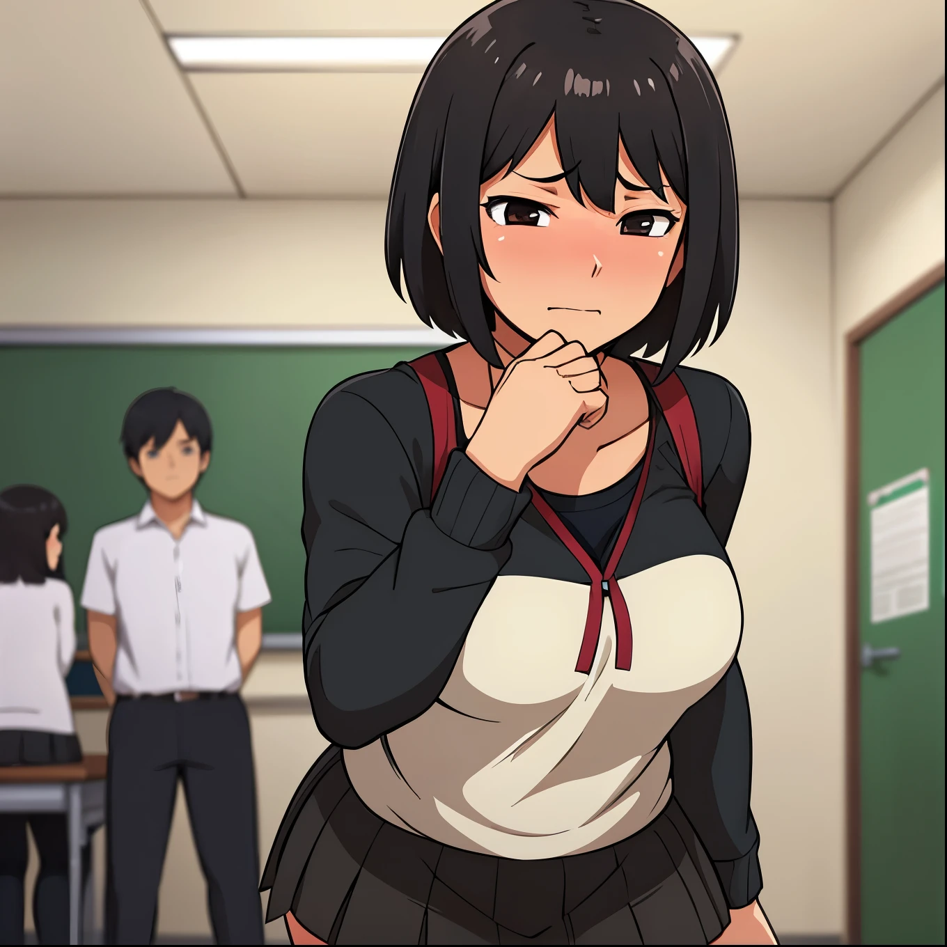 image of a in a classroom, she has a very short skirt, her eyes are black and her hair is brown and very short, she is looking shyly while her black eyes are blushing(black eyes) (short brown hair)