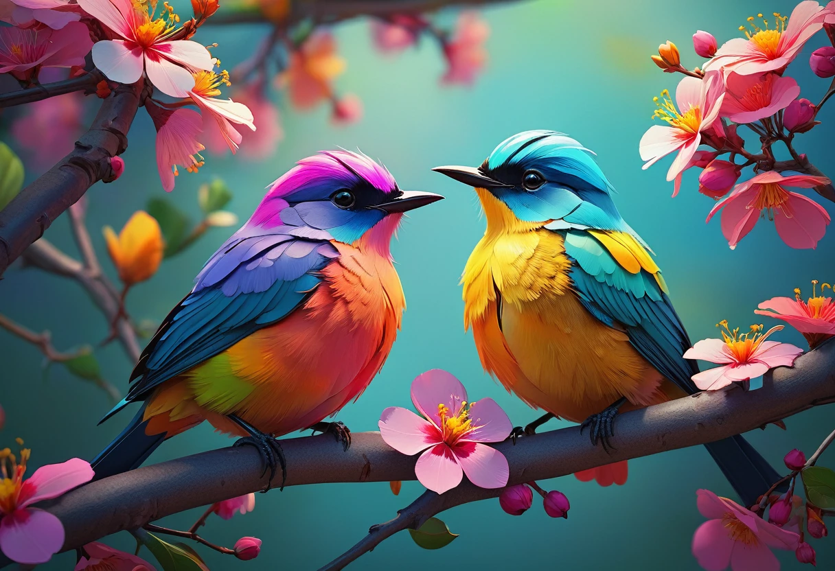 Two beautiful little colorful birds sitting on a tree branch with flowers in the background, Leaning closely together,Beautiful digital art, Colors with attention to detail, Highly detailed digital artwork, cgsociety, 3DCG,Highly detailed color low poly art, Highly detailed digital art, Vibrant and realistic colors, Beeple and Jeremiah Kettner, Colorful digital painting, Amazing digital illustrations, high quality digital painting,