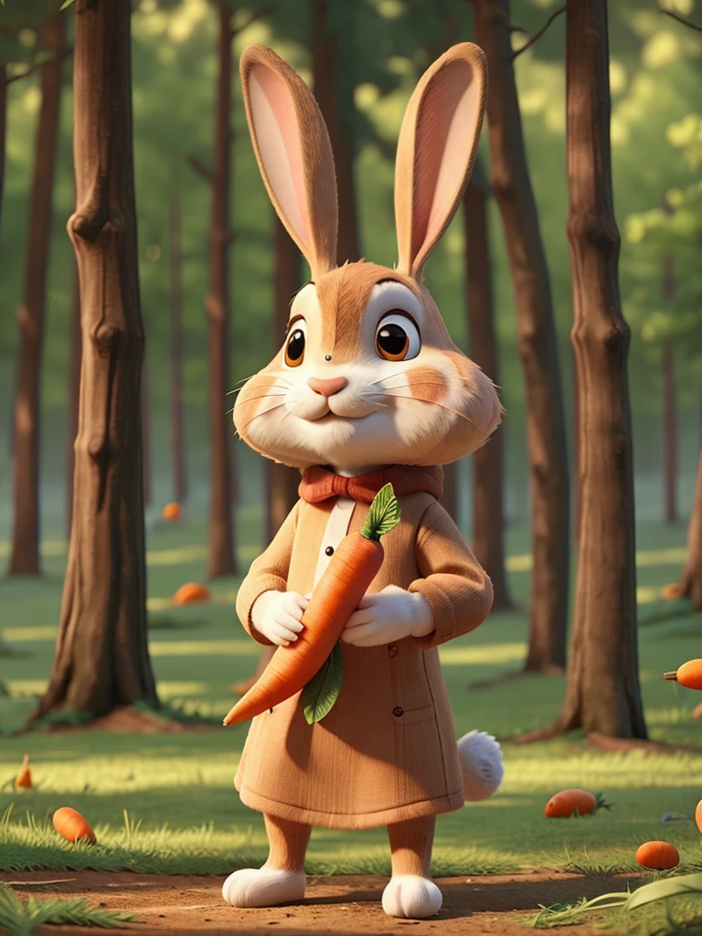 Rabbit from the front in the forest eating a carrot