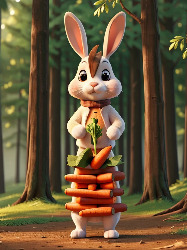 Rabbit from the front in the forest eating a carrot