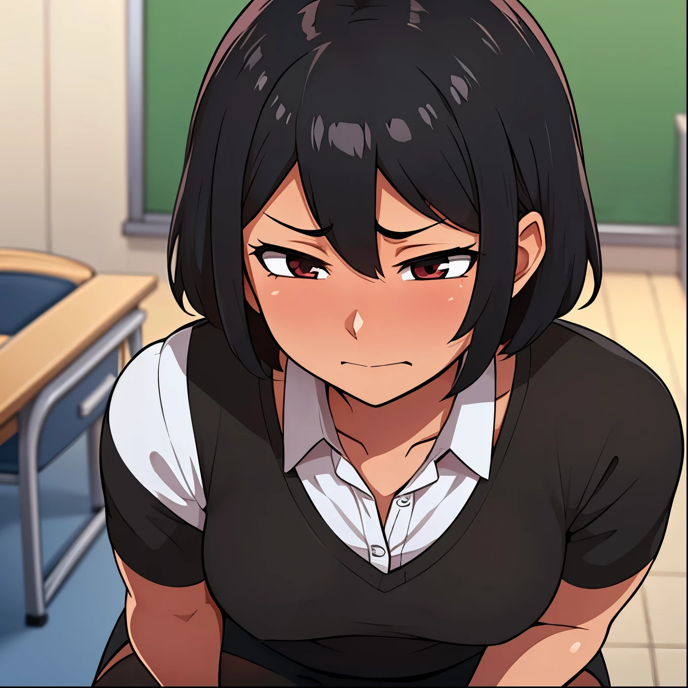  image of a  in a classroom, she has a very short skirt, her eyes are black and her hair is brown and very short, she is looking shyly while her black eyes are blushing(black eyes) (short brown hair)