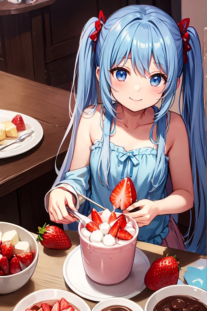 Light blue long hair、Beautiful girl with twin tails、Enjoying chocolate fondue、marshmallow、strawberry、Chocolate Tower、Bright smile