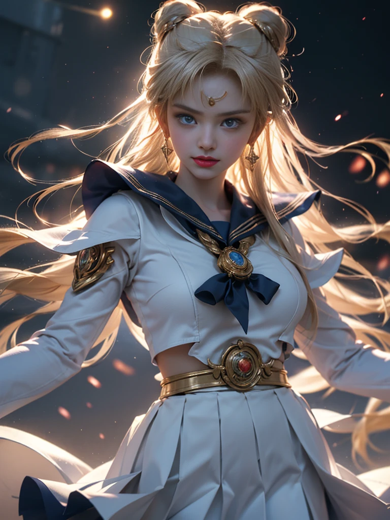 (Extreme detail CG Unity 8K wallpaper, masterpiece, highest quality), (exquisite lighting and shadow, highly dramatic picture, cinematic lens effect), (Sailor Moon: 1.1), charming smile, double tail, blue eyes, BLACK hair, tight top, gloves, mini skirt, dynamic pose), the background is the universe (excellent detail, excellent lighting, wide angle), (excellent rendering, enough to stand out in its class),all,whole body,whole