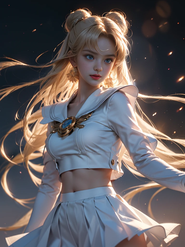tmasterpiece，Highest image quality，super detailing，Best quality ,Extremely Delicately Beautiful, Very meticulous,Best quality, offcial art, extremely detaild的 CG unified 8k wallpapers, Ana de Armas portrait photo, Blonde hairBlue eyes，(CG Unity 8K wallpaper in extreme detail，tmasterpiece，Highest image quality)，(Delicate light and shadow，The picture is highly dramatic，Cinematic lens effect)， （the sailor moon：1.1），Charming smile，double tails， eBlue eyes，golden hair， tight top，whitegloveini-skirts，dynamicposes)，The background is the universe(Exceptional detail，The lighting effect is outstanding，Vista wide angle)，(Excellent rendering，Enough to stand out from the crowd)，Sexy big breasts，Dreamcatcher earrings，The sexiest look，