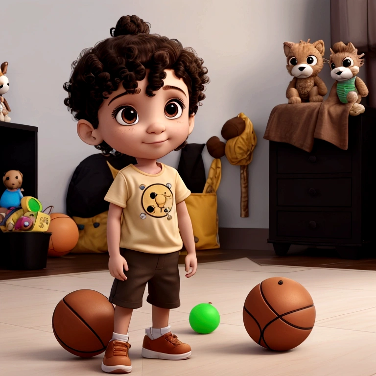 Treatment, Short curly hair, Light brown bun hair, cute pic, lots of toys in the background, solo boy with basketball