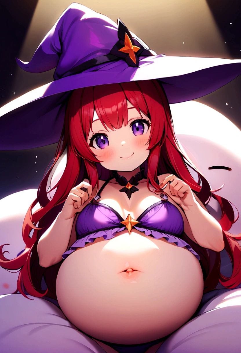 cute beautiful girl with long red hair, purple eyes, purple witch hat, in purple bikini, with a big round stuffed belly, cute smile