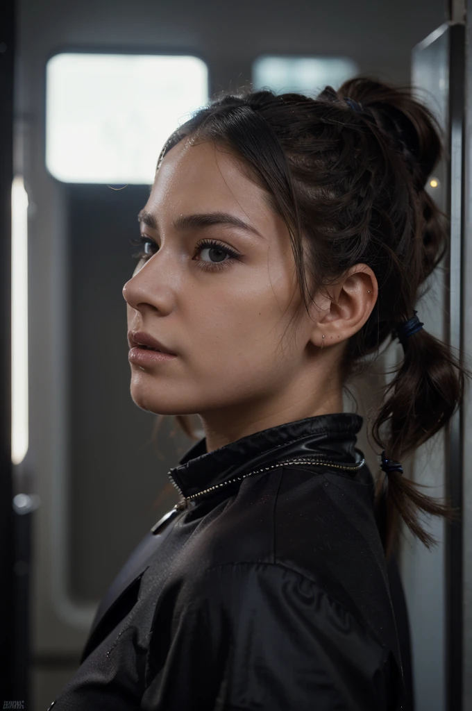 (masterpiece, best quality: 1.2, Ultra detailed, realistic), une fille, in profile, very detailed face, tout le corps, cyberpunk, hairstyle with pigtails, vulgar, sexy, collant noirs, Jupe moulante, beautiful breasts, beau cul rebondi, wide hip, hot, provocative