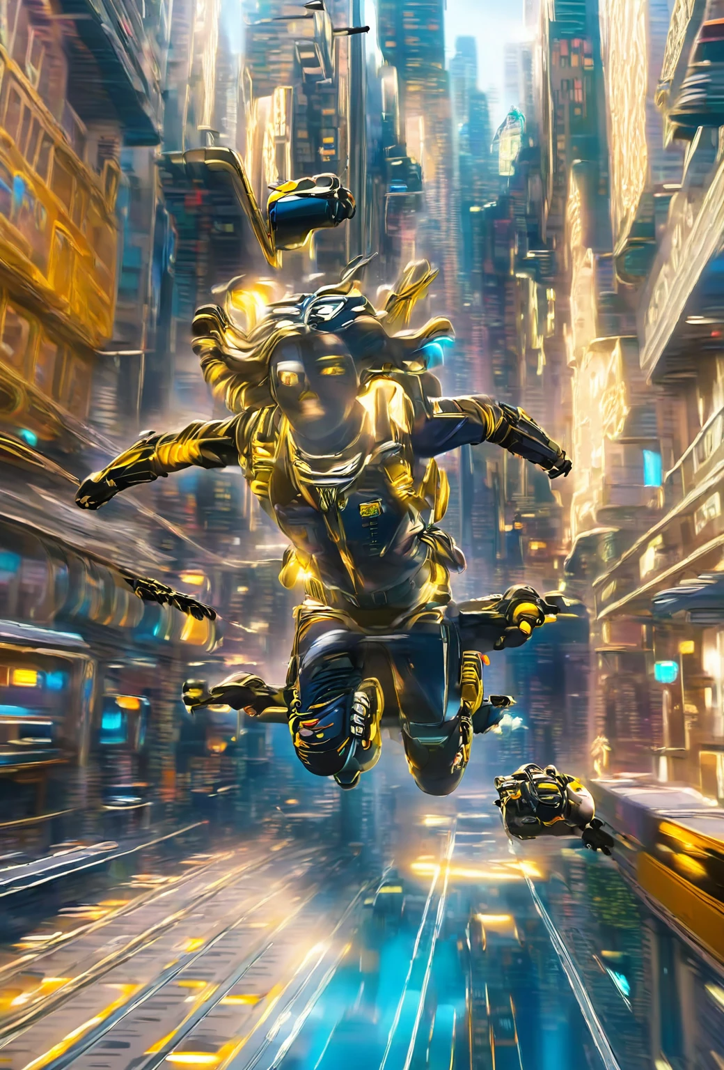 Action shot, motion blur, A bold , Flying over futuristic city with a jet pack, Mimicking the style of Wes Anderson, high detail,