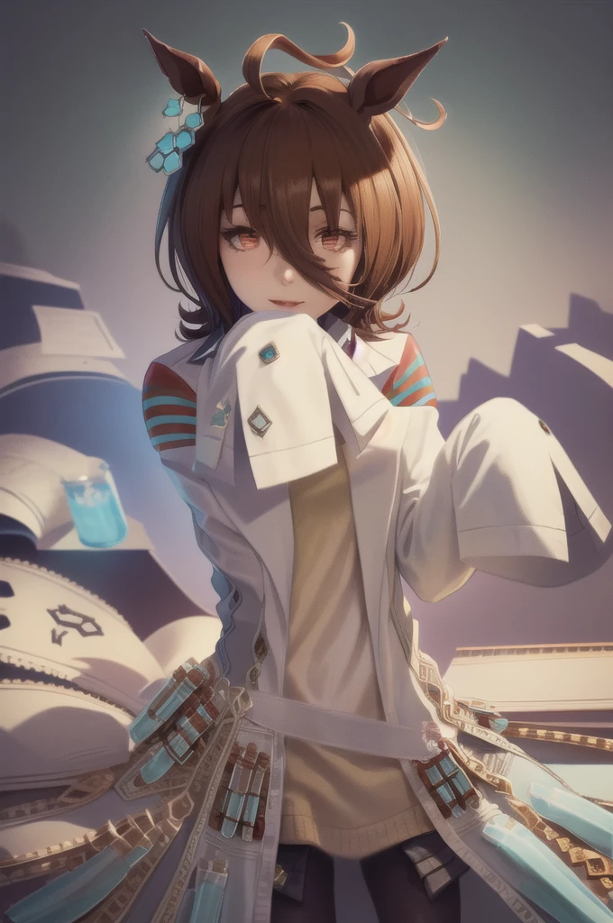 (work of art, best qualityer:1.2), standing alone, 1 girl, Agnes Tachyon, ssmile, gazing at viewer, Horse Ears, lab coat, sleeves past the wrists, sleeves past the fingers, sweater, necktie, pantyhose, single earring, Tailpussy 