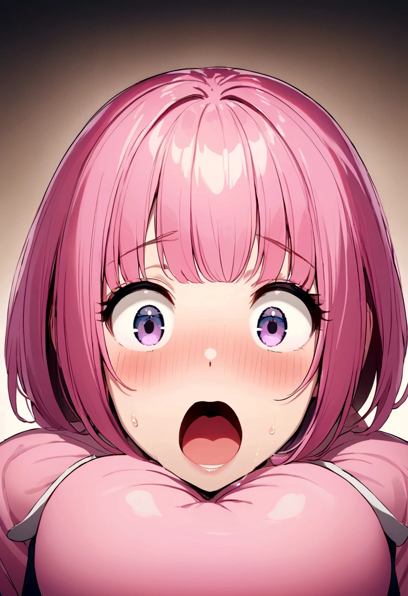 Close-up of face、Bury your face in the man's crotch、Staring Girl、Interested in size、be surprised、Hold your breath、Pink Hair、Twin Drill