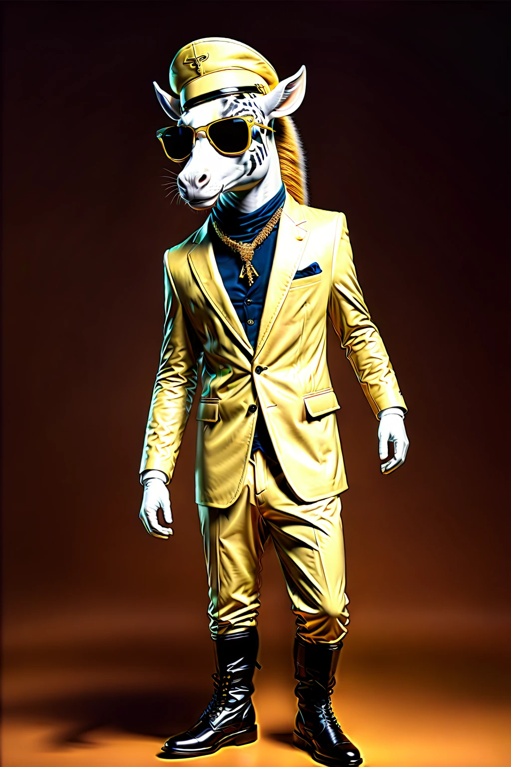 

So you can edit it later、A gold suit with a clear head space and sunglasses to complement it smartly、Anthropomorphic zebra wearing sunglasses。金色スーツのセットアップにサングラス
金色のスーツにサングラスのファッションでド派手な装飾した独特のポーズをする

The background is darkに怪しげな金色の煙、A mysterious golden light shines through it. The character is also illuminated and clearly visible. Create an image with this composition according to the following rules.。
 High resolution textures、Texture、Realなディテール、
The background is dark、Mysterious and、There is a good atmosphere、Dramatic lighting and high contrast images、Extremely high resolution to create photo-realistic card game patterns。
The design will be surrounded by a border、80 from the center of the space so that the character is not hidden%Please。
Use indirect lighting and textured backgroundake the central character stand out。
Full body portrait、Dynamic pose。
 にかくテクスチャがRealで細かいファッションの服。
Fashionable sneakers、boots、Sandals、hat、Smoke Accessories Necklace、Earrings、ring、bandana car、bike、Tattoos etc.、Choose according to your outfit and mood。
Real、8K




(masterpiece、Highest quality、high detail、超Real:1.2)、 
Anthropomorphic animals、Full body portrait

(Photorealistic:1.4), Cinematic lighting, 8K  UHD、 
Professional Photography、

(詳細な毛皮のTexture:1.3), Expressive eyes、 
Designer clothing、Luxury Brands、 
(Perfect tailoring:1.2), High Fashion Accessor
Moody atmosphere、Dramatic Shadows、 
High contrast lighting、Depth of written boundary、
Film Grain、Color Grading、

(Color Palette：1.3）、（Calm earth colors：1.2）、 
(Rich Brown：1.1）、（Deep Gray：1.1）、（subtle gold accents：1.0）、
(warm color：1.1）、（Color harmony：1.2）、

(Soft diffused lighting：1.2）、（Rim lighting：1.1）、
(Volumetric Lighting:1.0), (Ambient Occlusion:1.1)