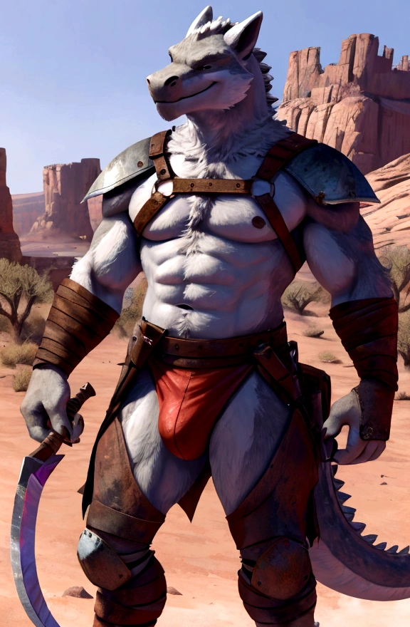 Sexy anthro tirex dino scalie male, gay, kinky, sexy furry warior, headband, grey husk, worn out skimpy leather armament, low on hips leather belt with worn out skimpy brown leather jockstrap, leather heavy harness armor, leather bondages, fingerless leather gloves, blooded curved sword in hand, dirty playfull smile, desert battlefield, standing in sexy fighting position, close view of full character, game of thrones armor style