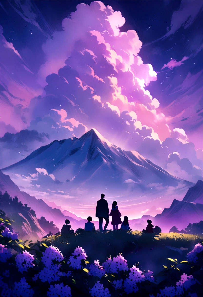 Friends on the top of a mountain watching the purple sky and being surrounded by lilac clouds 