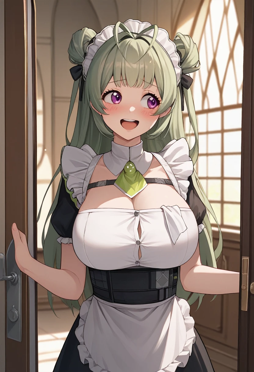 score_9, score_8_up, score_7_up, source_anime, BREAK 1girl, sdrnd, purple eyes, green hair, long hair, bangs, double bun, antenna hair big breasts, blush, open mouth, smile, shy, embarrassed, smile, open mouth, looking to the side, maid, mansion, room, door, hand on door