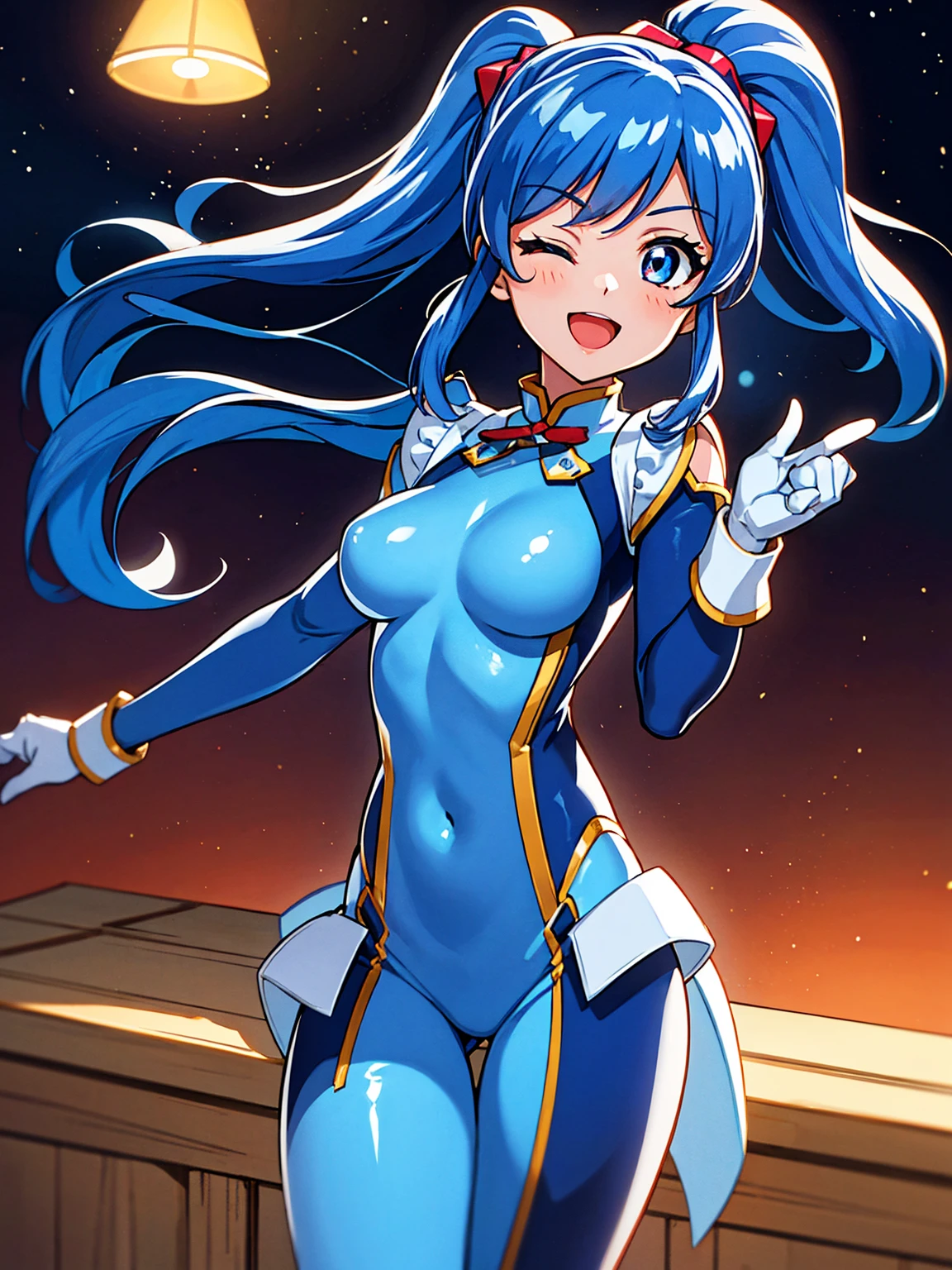 aikatsu,（Overhead view),dynamic angle,ultra-detailed, illustration, close-up, straight on, 1girl, ((blue souryuu asuka langley, interface headset, blue bodysuit:1.4, blue)),Her eyes shone like dreamy stars,(glowing eyes:1.233),(beautiful and detailed eyes:1.1),(expressionless),(standing), (masterpiece, best quality, ultra high res, perfect anatomy, extremely detailed), BREAK, 1girl, , red eyes, side_Ponytail, blue hair, very large ribbon in hair, idol costume, BREAK, (finger pointing), (full face), one eye closed, (open mouth), glow eyes, smile, stage light, (mechanic room with toolsand spaceship windowin a white SPACESHIP), (night:1.2),dreamy, [[delicate fingers and hands:0.55]::0.85],(detail fingers),