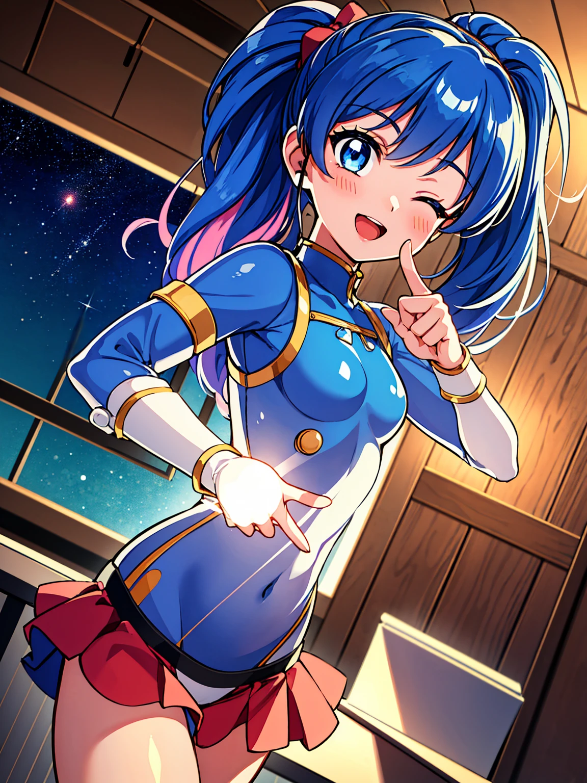 aikatsu,（Overhead view),dynamic angle,ultra-detailed, illustration, close-up, straight on, 1girl, ((blue souryuu asuka langley, interface headset, blue bodysuit:1.4, blue)),Her eyes shone like dreamy stars,(glowing eyes:1.233),(beautiful and detailed eyes:1.1),(expressionless),(standing), (masterpiece, best quality, ultra high res, perfect anatomy, extremely detailed), BREAK, 1girl, , red eyes, side_Ponytail, blue hair, very large ribbon in hair, idol costume, BREAK, (finger pointing), (full face), one eye closed, (open mouth), glow eyes, smile, stage light, (mechanic room with toolsand spaceship windowin a white SPACESHIP), (night:1.2),dreamy, [[delicate fingers and hands:0.55]::0.85],(detail fingers),
