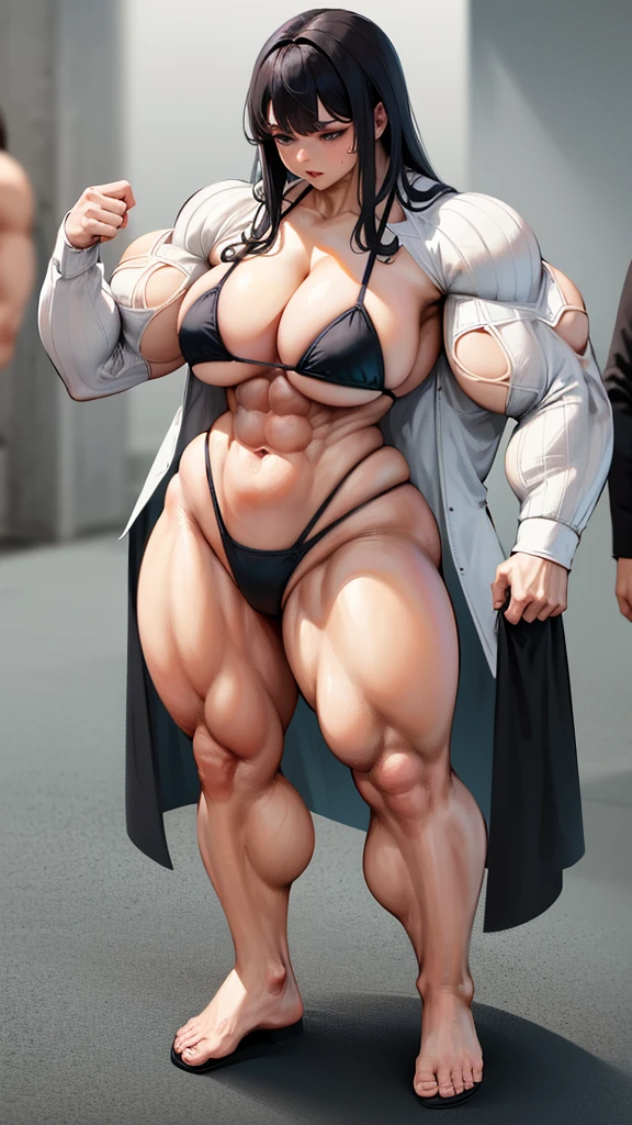 Woman in black bikini and small man in white shirt, weak and small man, thin and small physique, Very beauthful. , ,weak and defenseless man, small physique, , muscular ultraviolent woman, muscular and scary, absurdly huge physique, big muscles, extremely muscular woman, woman stepping on man, small man being stepped on by woman,