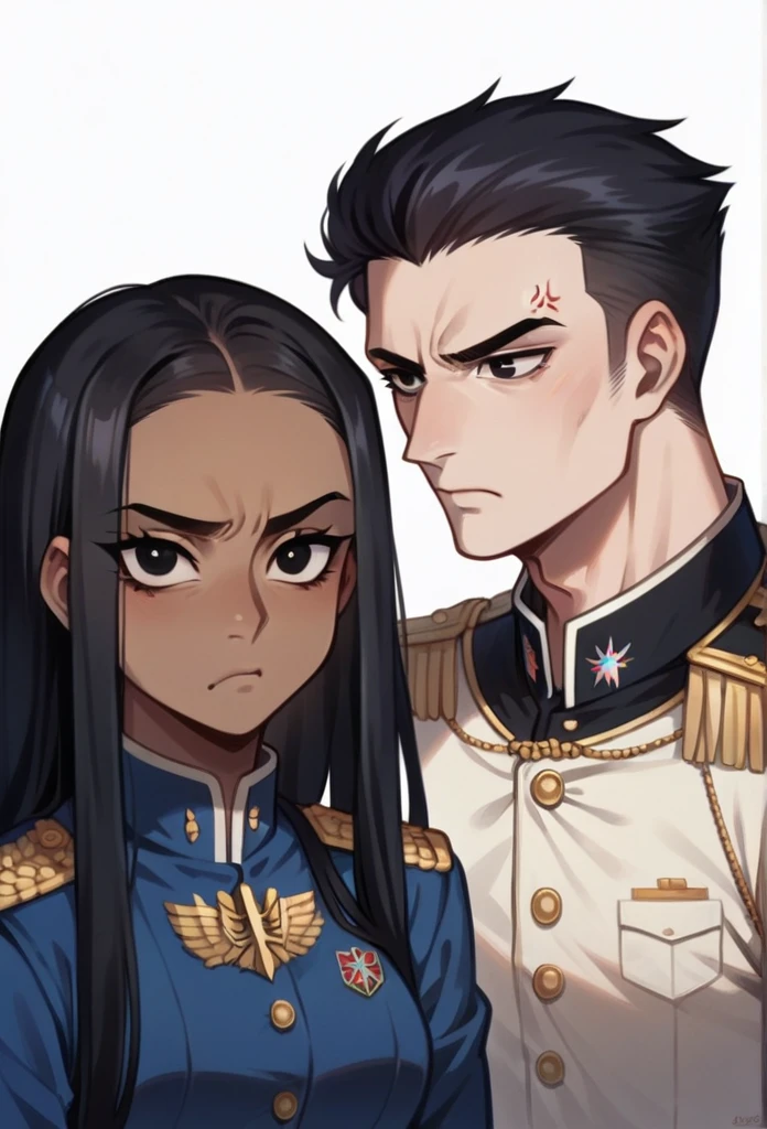 A couple with a black woman and a white man. black girl, dark skinned girl, skin black. long hair, black and with fringe. Big black eyes. angry and cute expression, Wearing Uniform. white boy, Cao Cao, stark, serious, Bblack hair, serious expression, Grinning, with uniform 