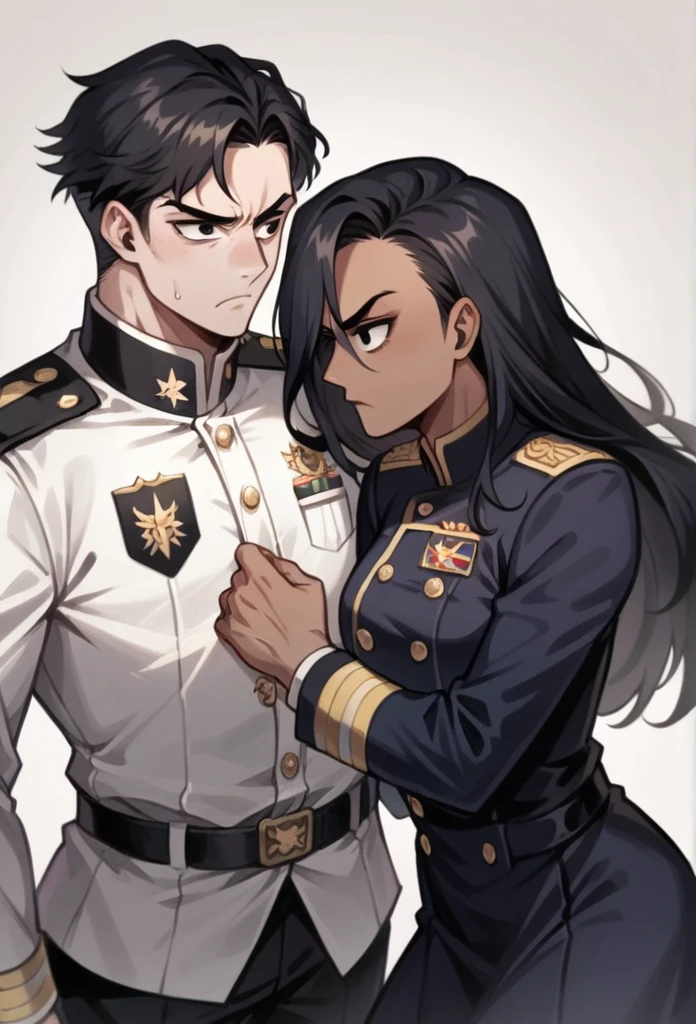 A couple with a black woman and a white man. black girl, dark skinned girl, skin black. long hair, black and with fringe. Big black eyes. angry and cute expression, Wearing Uniform. white boy, Cao Cao, stark, serious, Bblack hair, serious expression, Grinning, with uniform 