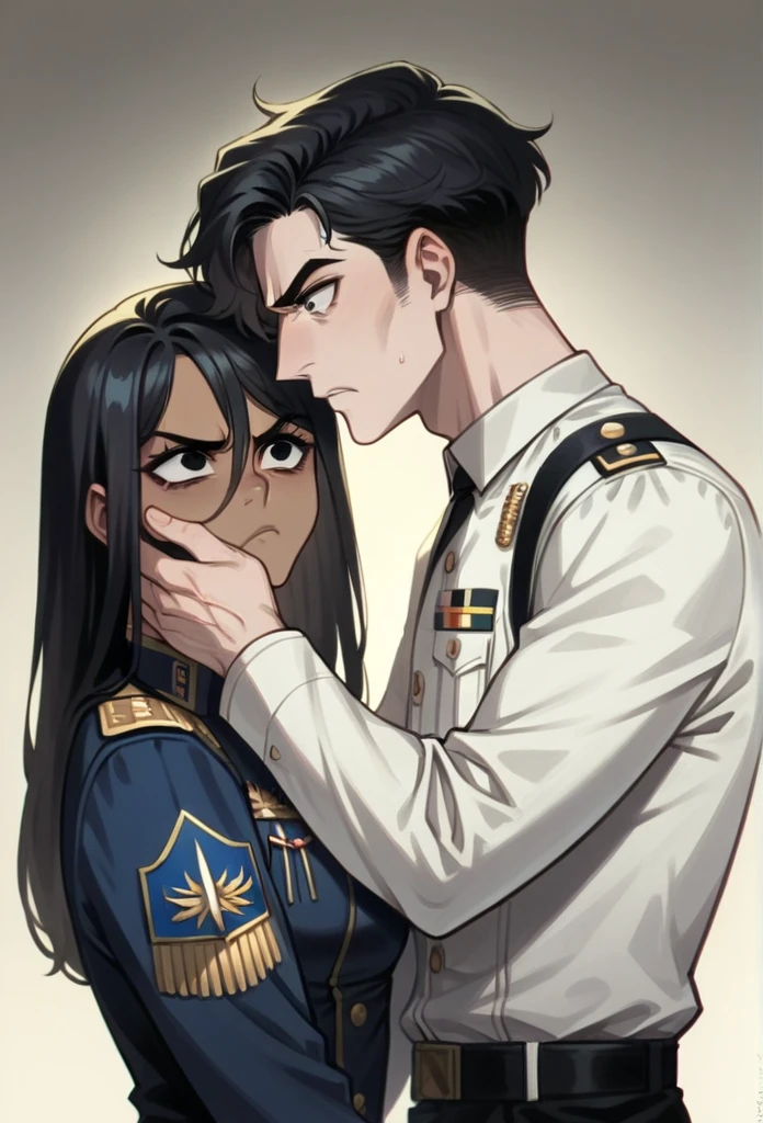 A couple with a black woman and a white man. black girl, dark skinned girl, skin black. long hair, black and with fringe. Big black eyes. angry and cute expression, Wearing Uniform. white boy, Cao Cao, stark, serious, Bblack hair, serious expression, Grinning, with uniform 